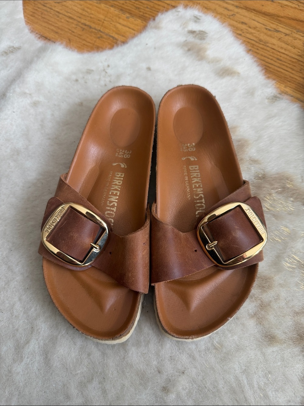 Birkenstock Single Strap Slide Sandals in Brown with Gold Buckles